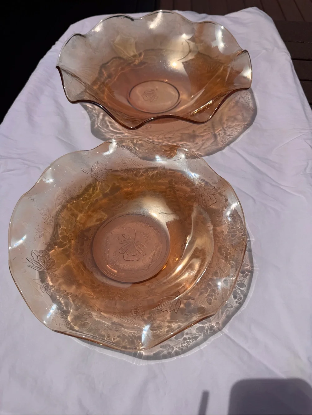Vintage Jeanette Floragold Glass Floral Scalloped Bowls - Set of 2